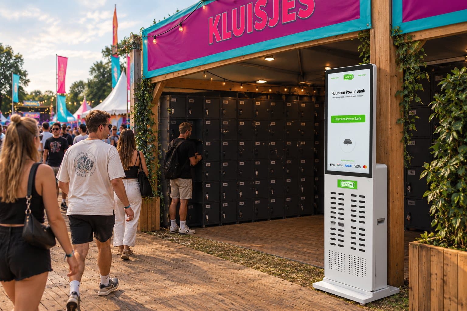 Tappie™ XXL outdoor powerbankstation bij de kluisjes op een festivalterrein