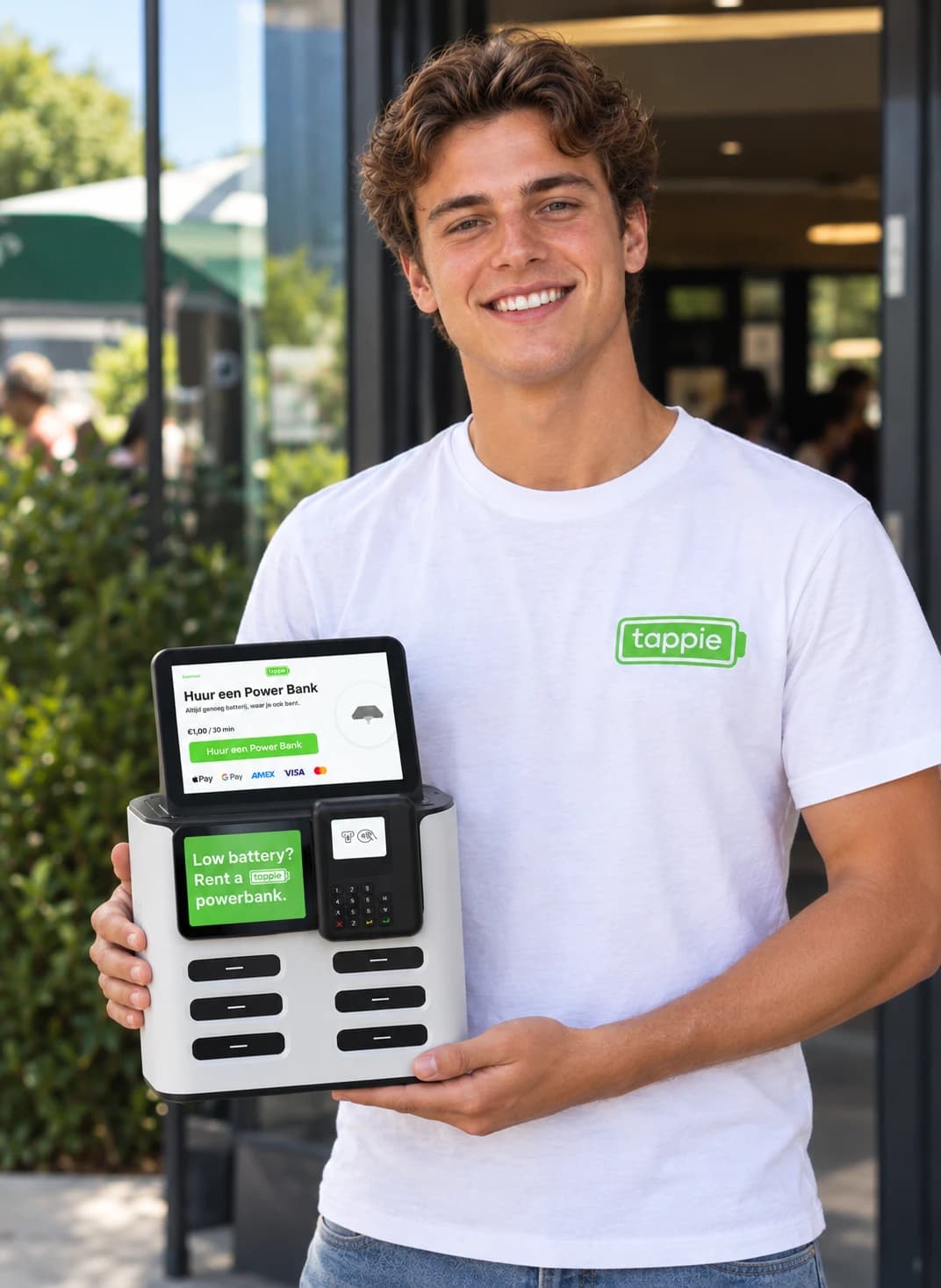 Tappie Partner met een Tappie-powerbankstation voor een horecazaak